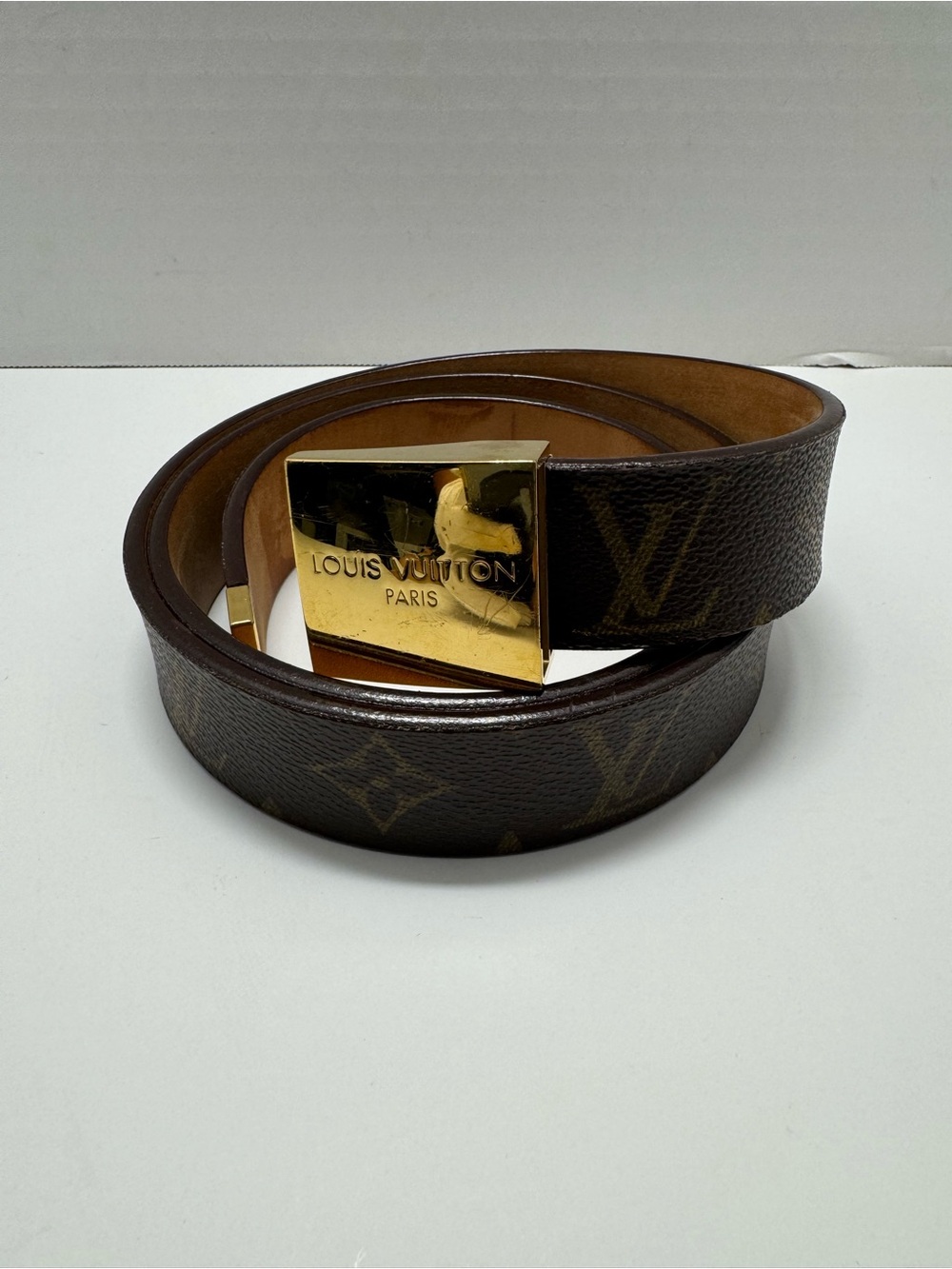 Louis Vuitton Men’s Brown Monogram Leather Belt with Gold Buckle